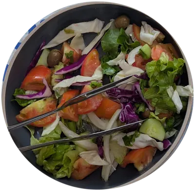 A bowl of mixed salad with tomato, cabbage, cucumber and olives